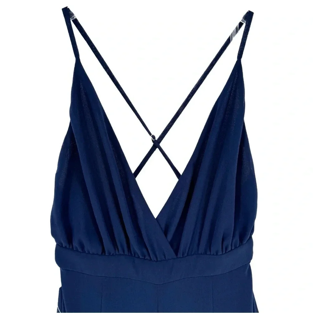 Fame & Partners‎ NWT XS Jumpsuit Navy Tiered Ruffle Wide Leg V-Neck Open Back